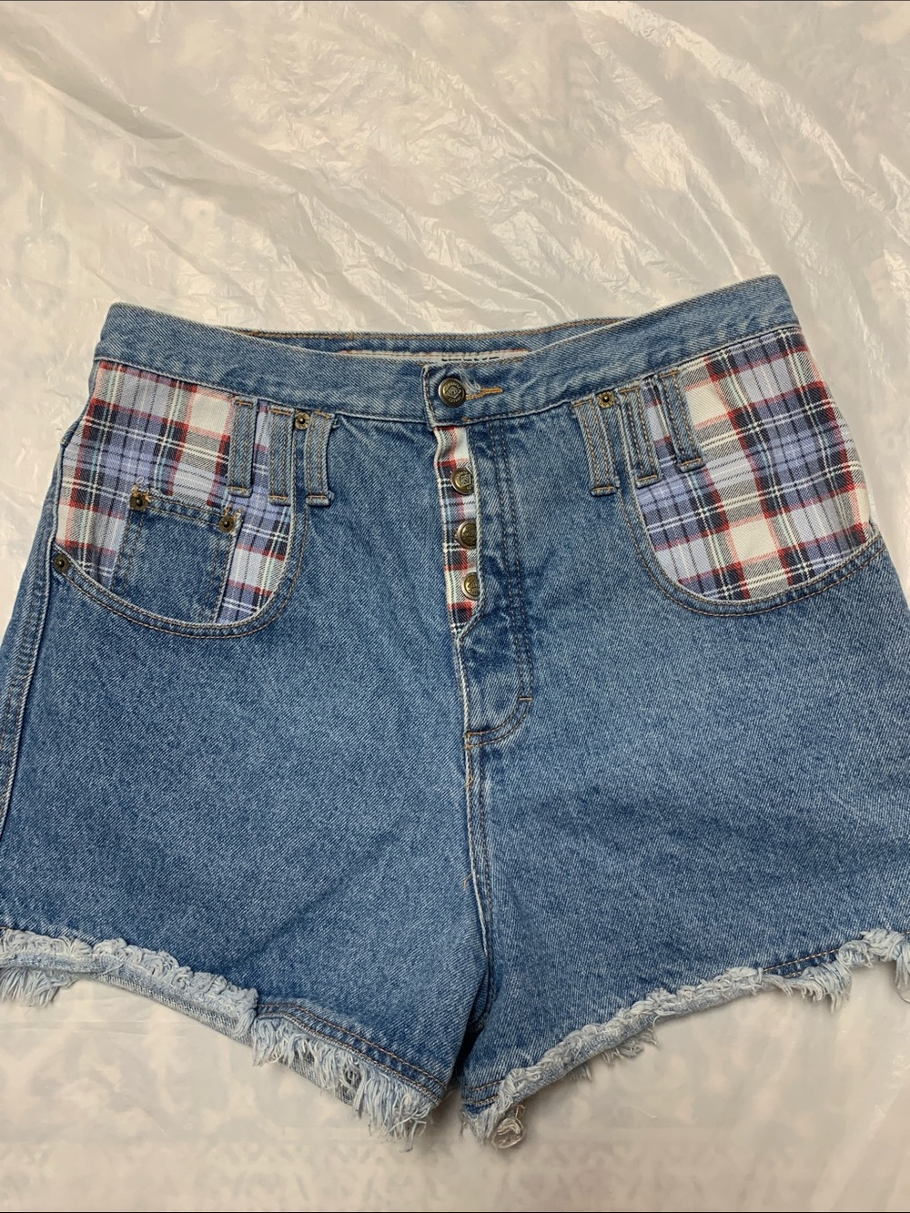 Zena Vintage 90s High Rise Denim Plaid Super High Rise Cut Off Jean Shorts Sz 13